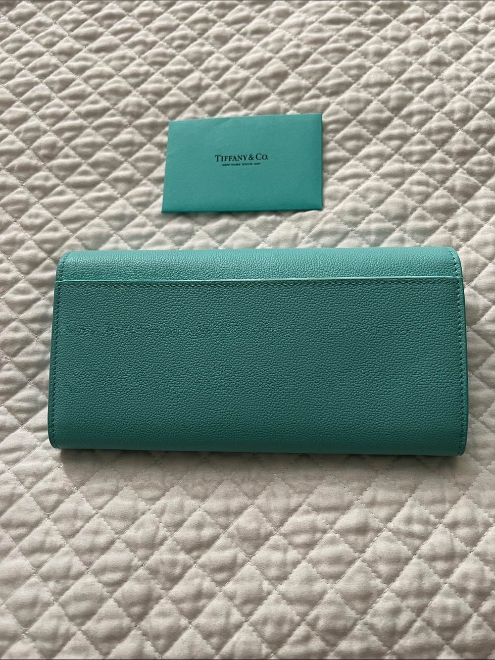 New! Tiffany & Co. Turquoise Leather Clutch with Silver-Tone Push Lock - Picture 2 of 11